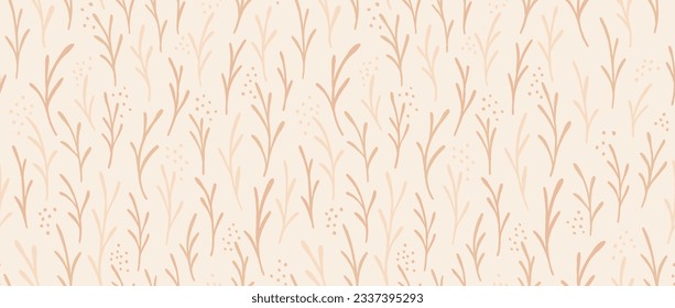 El beige floral sin foco. Hojas y puntos simples que repiten el fondo. Papel pintado de las paredes rurales. Impresión de color desnudo para textiles y tejidos. Ilustración vectorial.