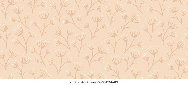Seamless floral beige pattern. Simple botanical ditsy repeating background. Natural vintage rural wallpaper. Nude colored print for textile and fabric. Vector illustration.