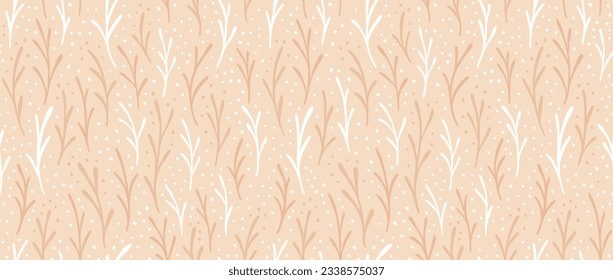 Seamless floral beige pattern. Simple stylized leaves and dots repeating background. Vintage rural wallpaper. Nude colored print for textile and fabric. Vector illustration.