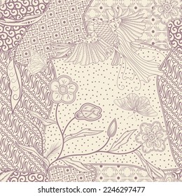 seamless floral and bird concept batik pattern design. traditional pastel color batik