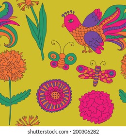 Seamless floral bird insect pattern