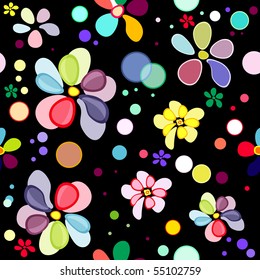 Seamless floral black  pattern with deformed vivid flowers and balls (vector)