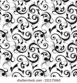 Seamless floral black pattern over white background, hand drawing vector illustration