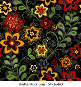 Seamless floral black pattern with vivid flowers (vector)