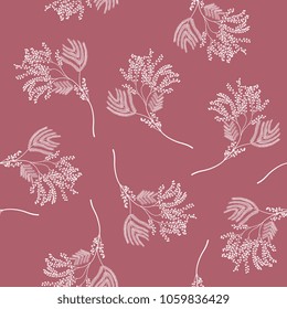 Seamless floral black and white pattern with delicate branches of stylized mimosa flower. White silhouettes on mauve pink background. 