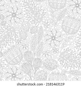 Patrón blanco y negro floral sin fisuras en estilo folclórico. Muchos elementos diferentes. Para libros impresos y coloreados.