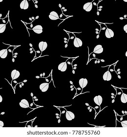 Seamless floral black and white pattern with silhouetted branches of alder tree.