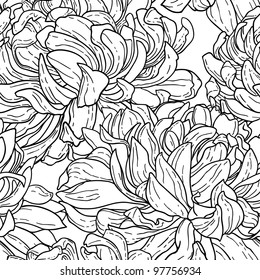 Seamless floral black and white tracery pattern with hand-drawn chrysanthemum flower isolated on white.