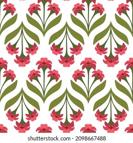 Seamless Floral Block Print Pattern With Pink and Green Sandalwood Flower Motifs. Floral Pattern with Botanical Motifs of Pink Flowers on White. Block Print For Fashion, Textile, Home Decor, Wallpaper