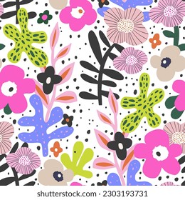 Seamless floral blossom pattern. Bold Botanical texture with modern abstract flowers for fabric, textile. Vector illustration 