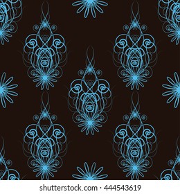Seamless floral blue abstract pattern with swirls and flowers on black background. Design for wallpapers, textile, packaging, wedding design, healthy card and greeting