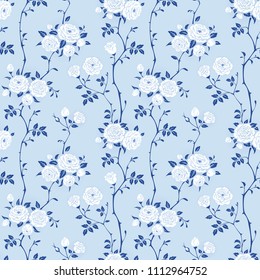 Seamless floral blue background with branches of white roses. Vector pattern for wallpaper, fabric, gift wrap, digital paper, fills, etc. Shabby chic style.