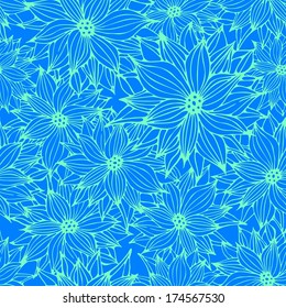 Seamless Floral Blue Background, Flower Hand Drawn Pattern, Vector Illustration
