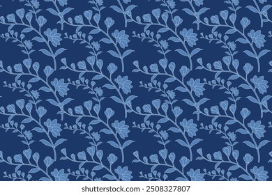 seamless floral blue vector flowers with green leaves pattern on green background	