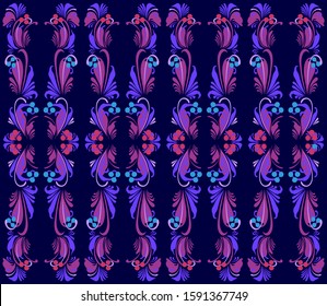 Seamless floral Boho style pattern of Eastern European slavic traditional Russian, Ukrainian, Bulgarian, Czech, Romanian ornamental pattern in blue, purple, magenta colors. Vector stock illustration.