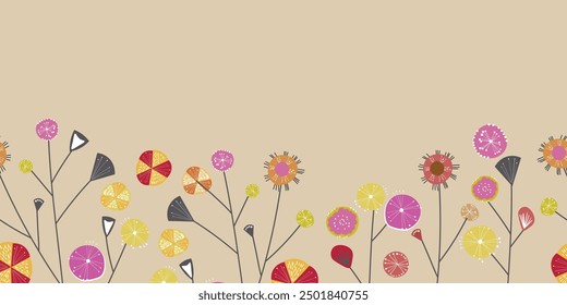 Seamless floral border based on traditional folk art ornaments. Flowers on color background. Scandinavian style. Sweden nordic style. Vector illustration. Simple minimalistic design.