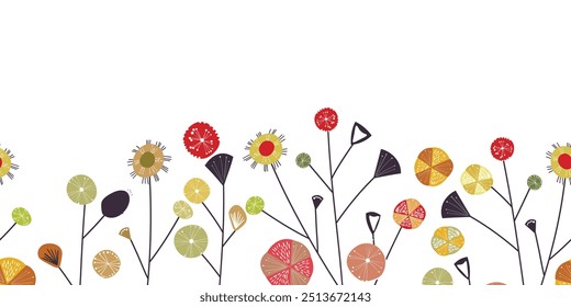 Seamless floral border based on traditional folk art ornaments. Flowers on color background. Scandinavian style. Sweden nordic style. Vector illustration. Simple minimalistic design.