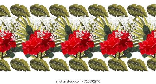 Seamless floral border with beautiful red roses. Hand-drawn pattern on white background. Design element for cards, invitations, wedding, congratulations. Panoramic format.
