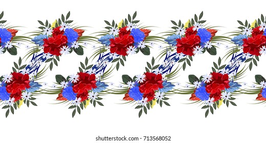 Seamless floral border with beautiful red roses. Hand-drawn pattern on white background. Design element for cards, invitations, wedding, congratulations. Panoramic format.