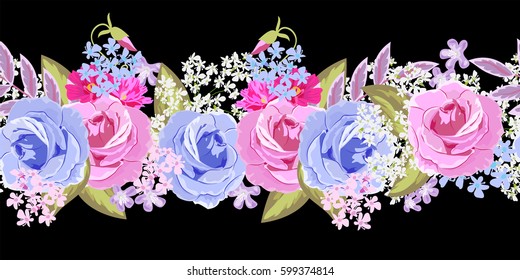 Seamless floral border with beautiful roses. Hand-drawn pattern on  black background. Design element for cards, invitations, wedding, congratulations.Panoramic format.