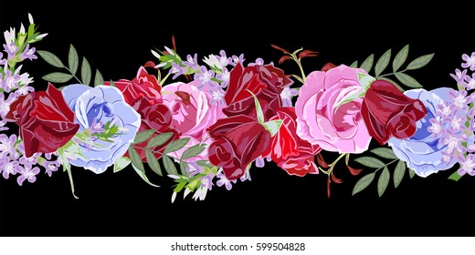 Seamless floral border with beautiful roses. Hand-drawn pattern on  black background. Design element for cards, invitations, wedding, congratulations. Panoramic format.