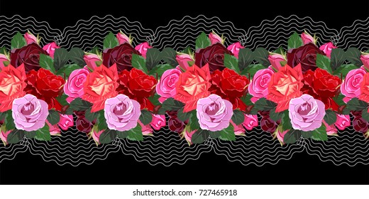 Seamless floral border with beautiful roses. Hand-drawn pattern on black background. Design element for cards, invitations, wedding, congratulations. Panoramic format.