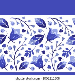 Seamless floral border with bluebells, berries and herbs. Hand-drawn vector illustration