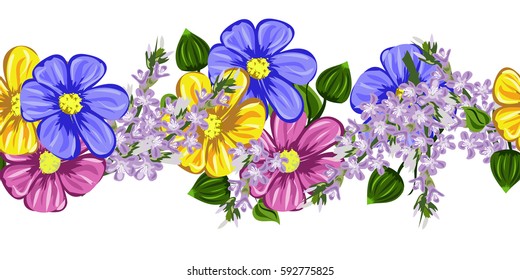 Seamless floral border with bright, colorful flowers. Hand-drawn pattern on white background.Design element for cards, weddings, greetings, and other projects.