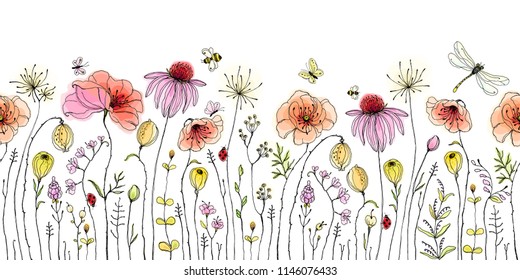 Seamless floral border with colorful wildflowers, poppies, butterflies, bees, dragonfly and ladybugs. Vector horizontal pattern on white background. Hand drawn illustration.