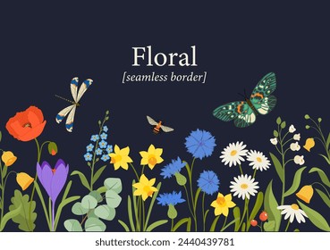 Concepto de borde floral sin costuras. Florecen y florecen plantas, flores amarillas y azules con mariposas. Fauna, flora y fauna silvestres. Folleto, folleto y folleto. Ilustración de vector plano de dibujos animados