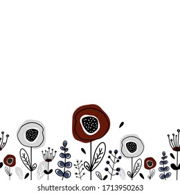 Seamless floral border with creative decorative flowers. Cute small flowers, berries, grass and leaves. White background. Vector texture for fashion botanical prints. Great for fabric, textile, cards