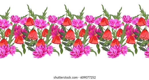 Seamless floral border with cute meadow flowers. Hand-drawn pattern on white background. Design element for cards, invitations, wedding, congratulations.