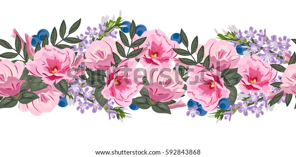 シームレスな花柄の縁とかわいいピンクの花 白い背景に手描きのパターン カード 招待 結婚式 お祝いのデザインエレメント のベクター画像素材 ロイヤリティフリー