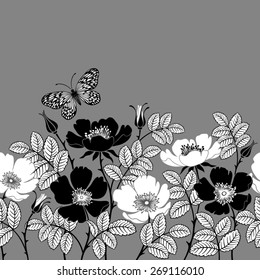 seamless floral border with dog-roses and butterfly
