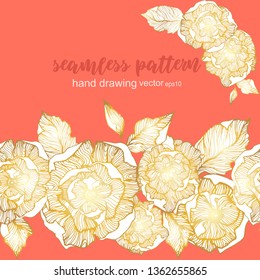 Seamless floral border drawn by hand with a gold contour. Roses on a coral background. Vector eps10