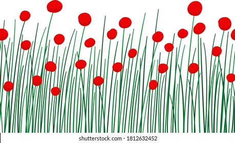 Seamless floral border. Field with poppies and grass. Red flowers, green plants. Cute summer illustration is hand drawn. Suitable for postcards, notebooks, bedding, clothing, T-shirts.