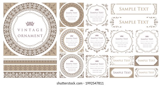 Seamless floral border and frames. Vintage ornament set.