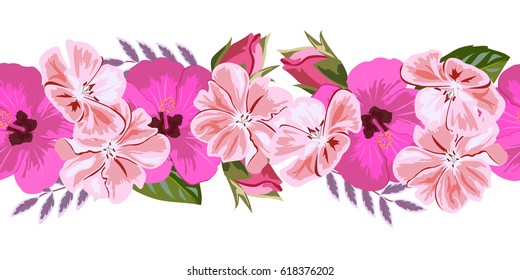 Seamless floral border with geranium and hibiscus. Hand-drawn pattern on white background. Design element for cards, invitations, wedding, congratulations. Panoramic format.