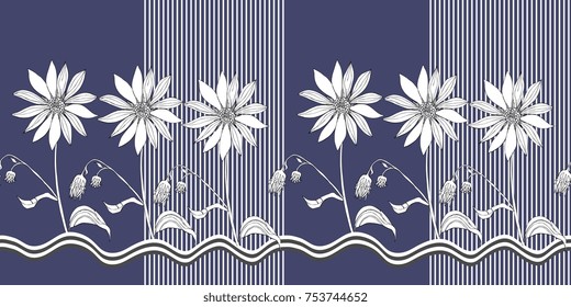 Seamless floral border with jerusalem artichokes on dark blue and striped background in vector. Scandinavian style.