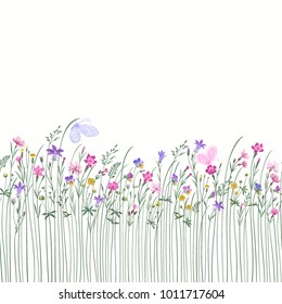 seamless floral border with meadow flowers and butterflies