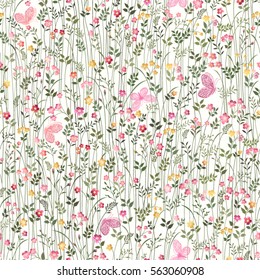 seamless floral border with meadow flowers and butterflies