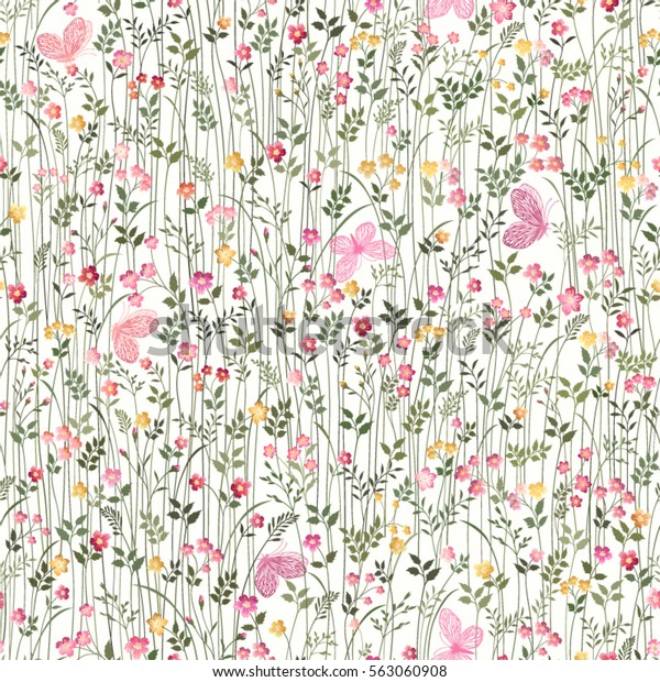 seamless floral border with meadow flowers and butterflies