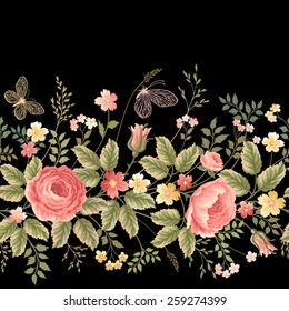 Seamless Floral Border On Black Background