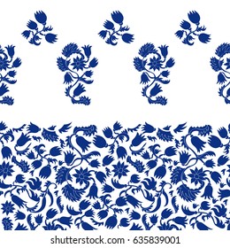 Seamless floral border with paisley elements and falling bouquets. Blue and white palette.