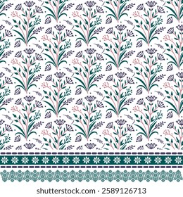 seamless floral border pattern with botanical motifs for poster and textile printing
