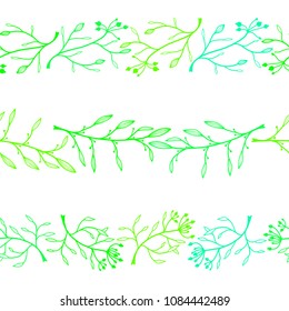 Seamless floral border pattern. Collection of green hand drawn dividers.