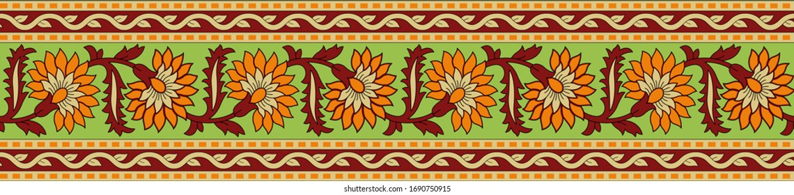 Seamless floral border pattern with leaves and green background