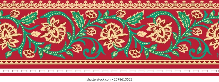 seamless floral border pattern with red background, green vines, and beige flowers, for textile, wallpaper, gift wrapping.