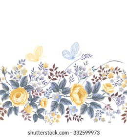 seamless floral border with roses and butterflies