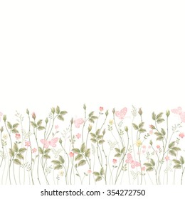 seamless floral border with roses and butterflies